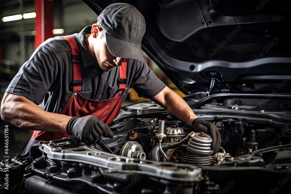 Professional mechanic working in auto repair shop. Car service and maintenance concep Professional mechanic working in auto repair shop. Car service and maintenance concep
