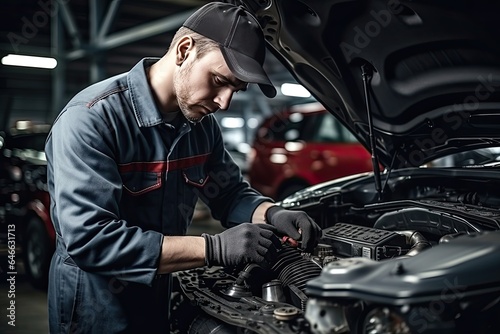 Professional mechanic working in auto repair shop. Car service and maintenance concep