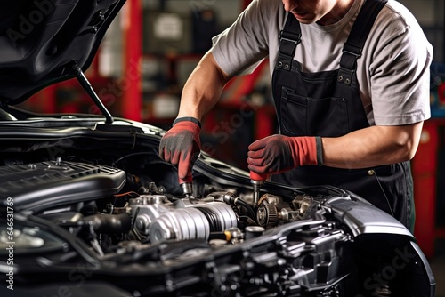 Professional mechanic working in auto repair shop. Car service and maintenance concep