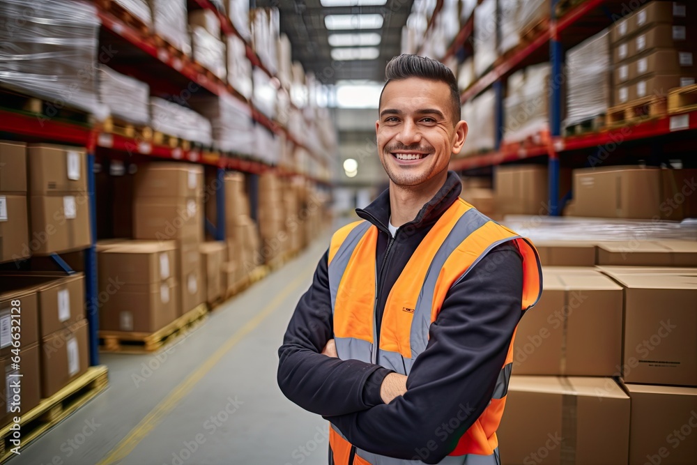 Smiling warehouse worker holding boxes in warehouse. This is a freight transportation and distribution warehouse. Industrial and industrial workers concept Smiling warehouse worker holding boxes in warehouse. This is a freight transportation and distribution warehouse. Industrial and industrial workers concept