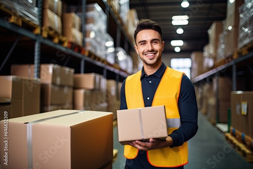 Smiling warehouse worker holding boxes in warehouse. This is a freight transportation and distribution warehouse. Industrial and industrial workers concept