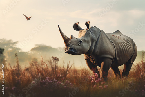 a rhinoceros in the grassland