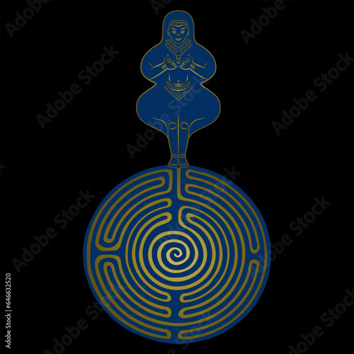 Near East fertility goddess standing on a round spiral maze or labyrinth symbol. Ancient Iranian Ishtar or Inanna. Great mother archetype. Creative concept. Blue and gold silhouette on black.