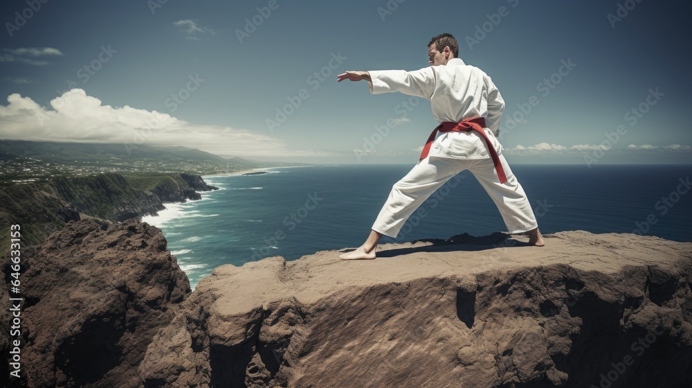 Isolated white karate fighter in white uniform standing in the middle of a cliff