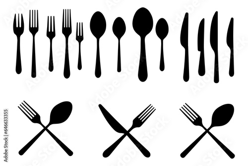 Set of fork, knife, and spoon. Logotype menu. Set in flat style. Silhouette of cutlery
