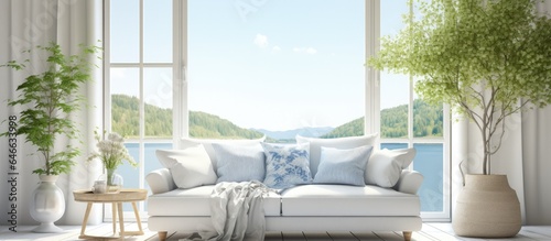 Scandinavian interior showcasing a white living room with a window revealing a summer landscape and a sofa. illustration. © Vusal