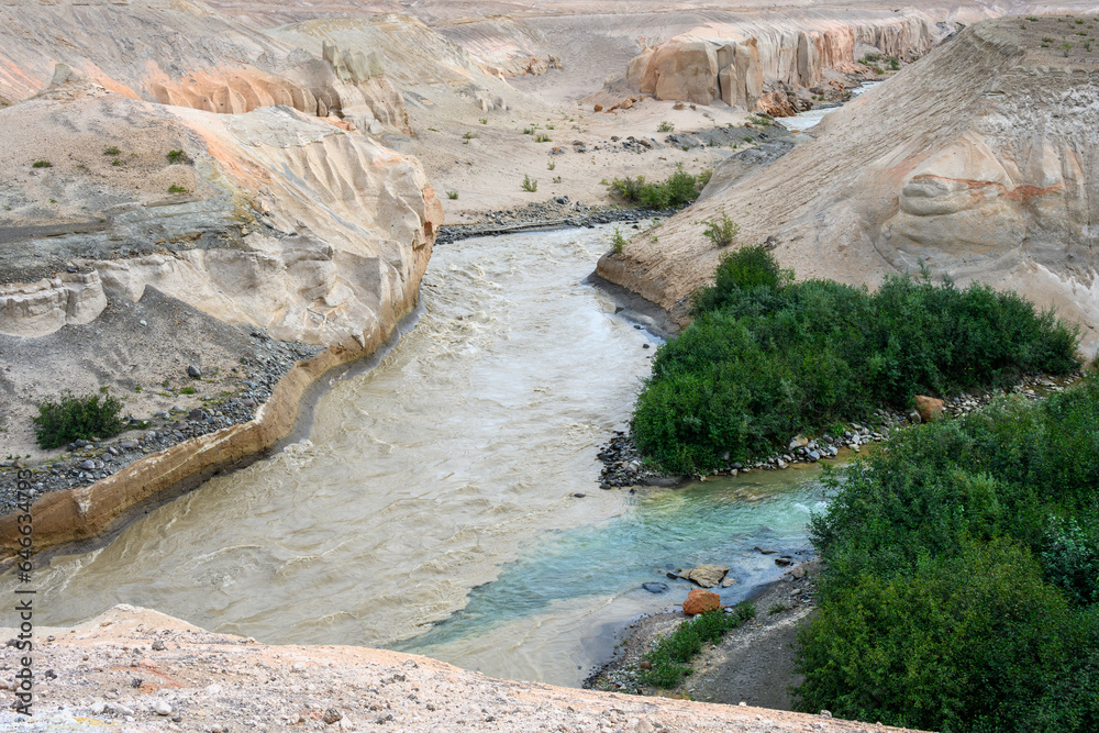 Two rivers converging at the bottom of the Valley of Ten Thousand Smokes, Katmai National Park, Alaska
