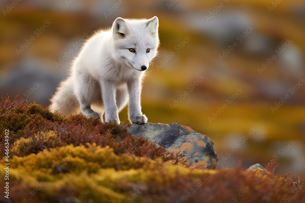 Arctic fox living in the jungle, seen in autumn setting