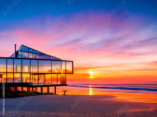  Beautiful glass home on an ocean beach at sunset. Luxury house 