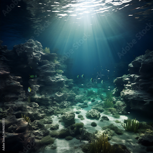 Half underwater scene with tropical fishes, create using generative AI tools © Maizal