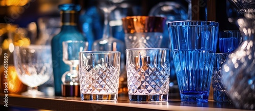 Close-up shot of glassware on a home's bar. photo