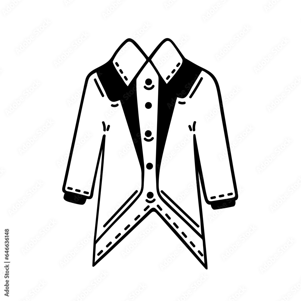 Male suit vector icon. Classic tuxedo with a shirt for a holiday, wedding, business. Hand drawn tailcoat isolated on white. Stylish jacket doodle, black outline. Clipart for print, invitations, web Male suit vector icon. Classic tuxedo with a shirt for a holiday, wedding, business. Hand drawn tailcoat isolated on white. Stylish jacket doodle, black outline. Clipart for print, invitations, web