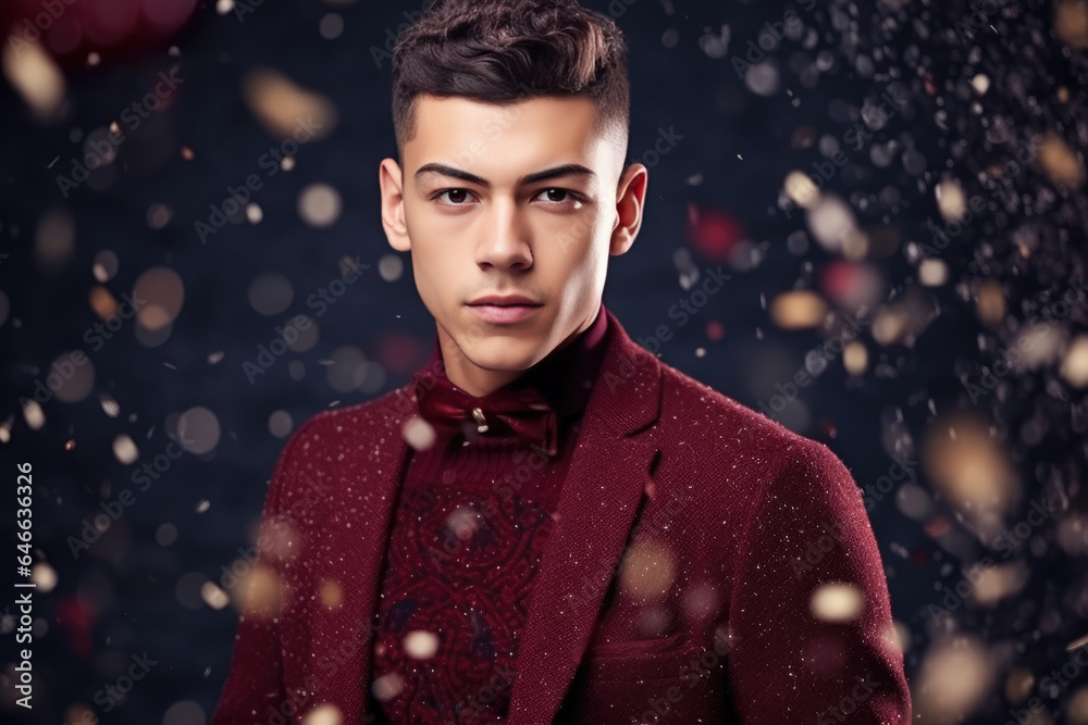 Portrait of a Handsome Young Man in a Dark Red Suit at holiday or Christmas party Portrait of a Handsome Young Man in a Dark Red Suit at holiday or Christmas party