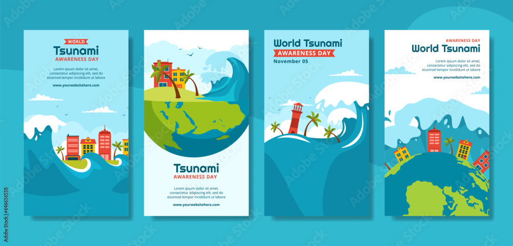 World Tsunami Awareness Day Social Media Stories Cartoon Templates Background Illustration