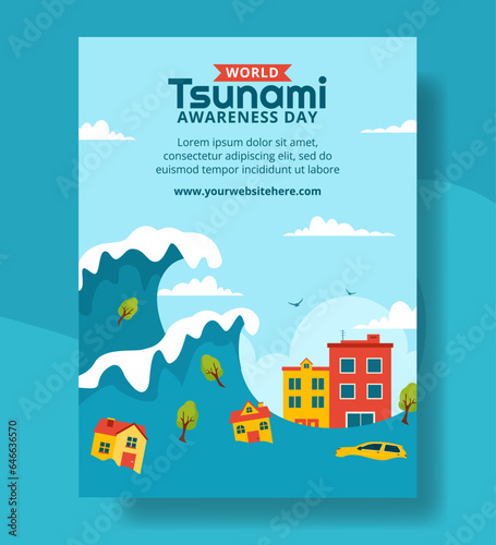 World Tsunami Awareness Day Vertical Poster Cartoon Hand Drawn Templates Background Illustration