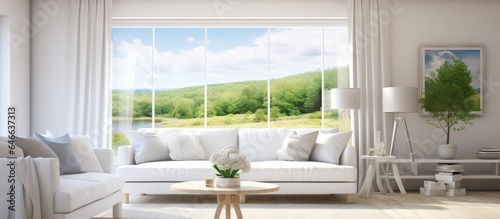 Scandinavian interior with white sofa and summer landscape visible through window.