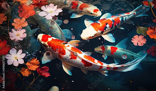 Koi fishes swimming in a koi fish pond created with AI