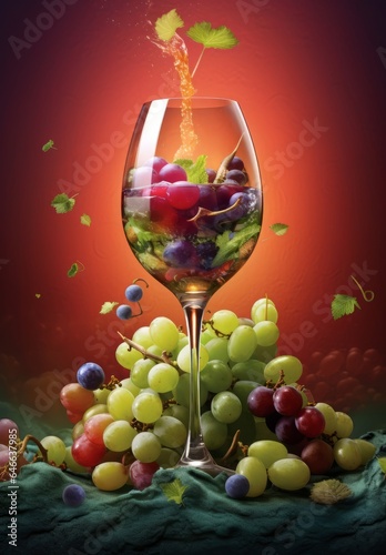 Glass of wine made of fresh grapes