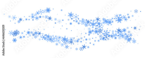 Snowflake wave winter background. Crystal stars Christmas decoration. Cold wind swirl snowstorm. Vector illustration
