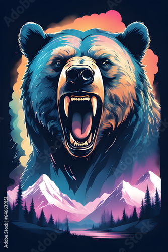 a colorful illustration using gradients of a Canadian grizzly bear with trees and mountains encompassing it suitable for a t-shirt design.