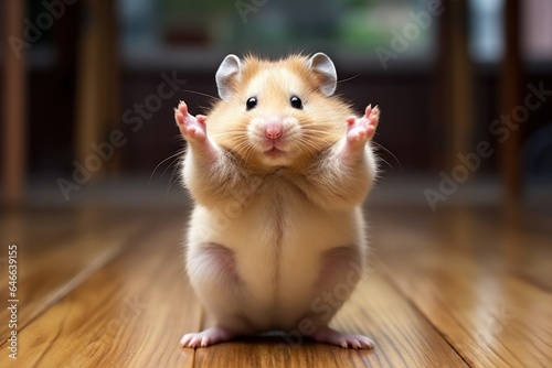 Hamster Roborovski contorting its body into a funny yoga pose