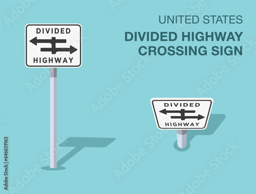 Traffic regulation rules. Isolated United States divided highway crossing sign. Front and top view. Flat vector illustration template.