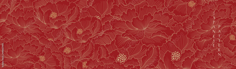 Red peony flower with hand drawn floral pattern illustration in vintage style. Gold flower in vintage style. Oriental style background in Chinese style