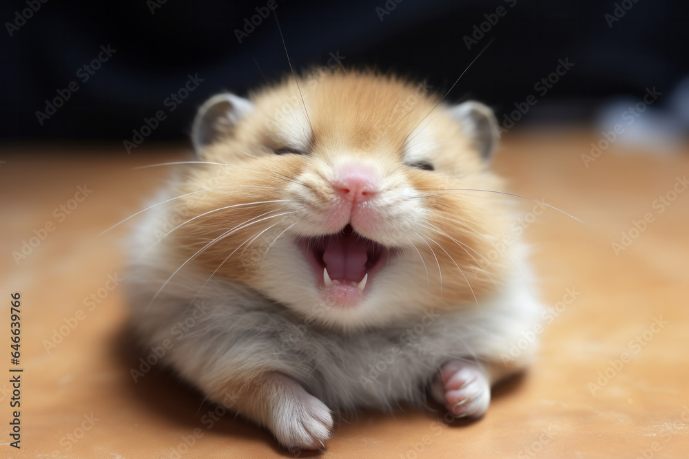 Funny small hamster with stuffed cheeks smiling looking at the camera - obrazy, fototapety, plakaty 