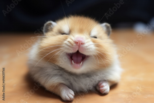 Slika na platnu Funny small hamster with stuffed cheeks smiling looking at the camera