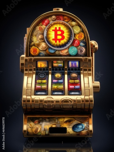 Bitcoin slot machine, casino and gambling. concept to show trading cryptocurrencies as a form of gambling. generative AI
