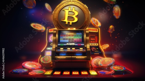 Bitcoin slot machine, casino and gambling. concept to show trading cryptocurrencies as a form of gambling. generative AI
