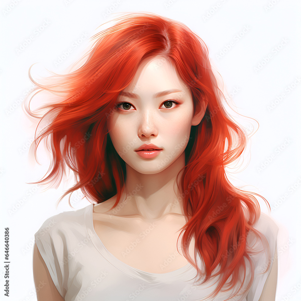 asian girl with red hair, portrait of a young pretty female person.
