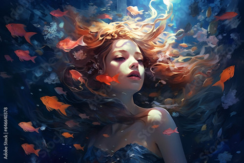 a magical sea world with a girl under the water.