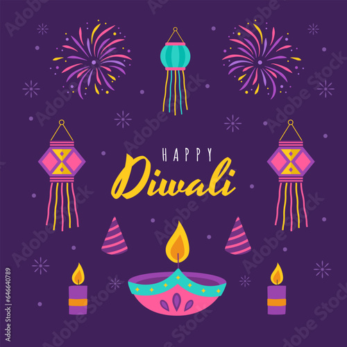 Diwali elements. Indian festival of lights icon set. Colorful deepavali signs on purple background. Vector illustration in flat cartoon style.
