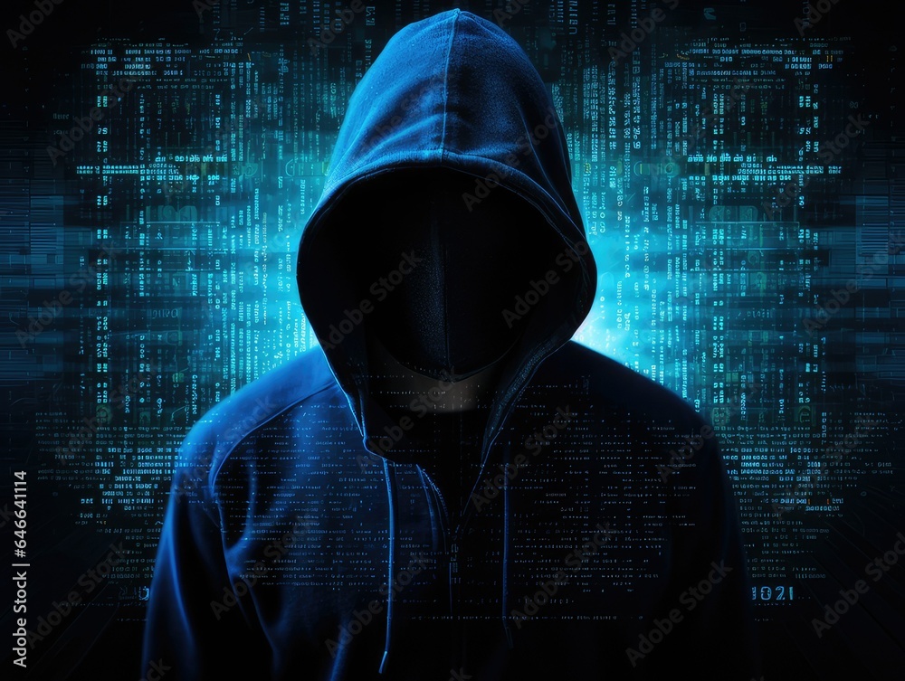 unrecognizable hacker cyber criminal in hood with dark space instead of face isolated on digital background. Security system cyber attack. Generative AI unrecognizable hacker cyber criminal in hood with dark space instead of face isolated on digital background. Security system cyber attack. Generative AI