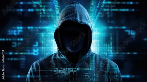 unrecognizable hacker cyber criminal in hood with dark space instead of face isolated on digital background. Security system cyber attack. Generative AI © jackson