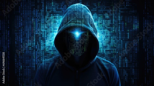 unrecognizable hacker cyber criminal in hood with dark space instead of face isolated on digital background. Security system cyber attack. Generative AI