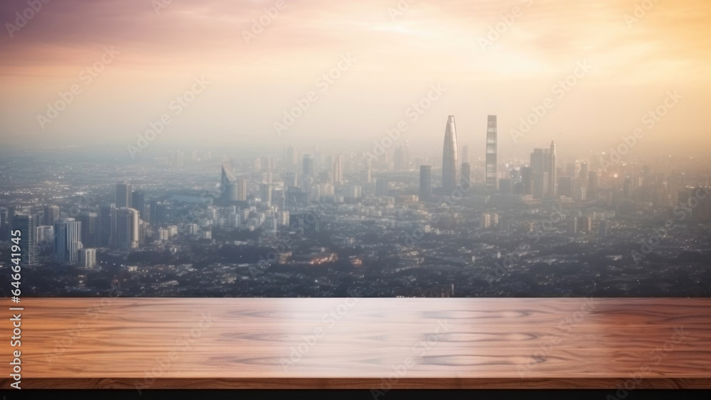 Wood table top on blurred cityscape background at sunset aerial view - can be used for display or montage your products. High quality photo