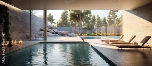 Vacant pool, inside of contemporary villa.