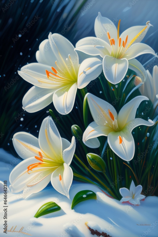 Fototapeta premium Portrait of white lilies, white lilies in spring, lily flower, white lily with snow