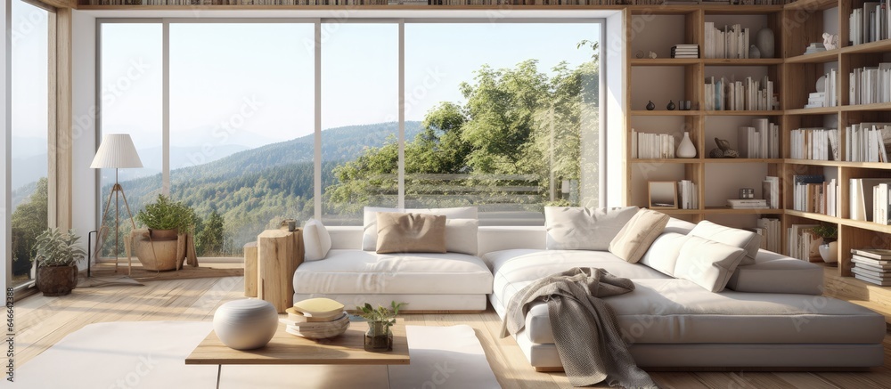 Fototapeta premium a comfortable living room with wood furniture, pillows, books, and a large window showcasing nature outside.