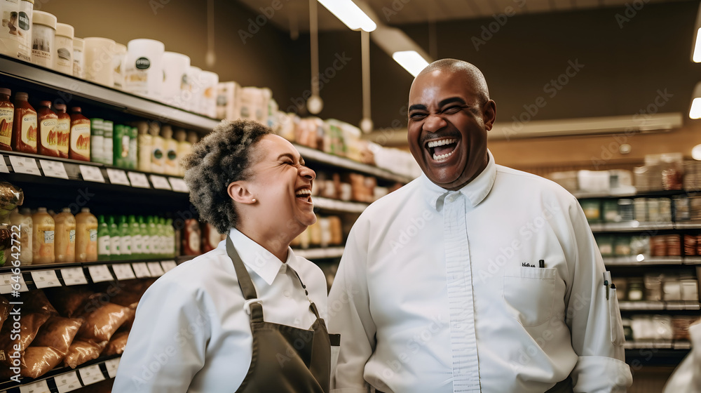 In a large grocery store, two middle aged supermarket clerks happily standing in front of the shelves In a large grocery store, two middle aged supermarket clerks happily standing in front of the shelves
