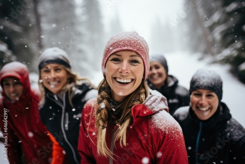 Young and diverse group of happy female friends jogging together during the winter and snow in the park