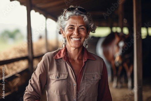 Smiling portrait of a happy female middle aged farmer in a stable or barn on a farm