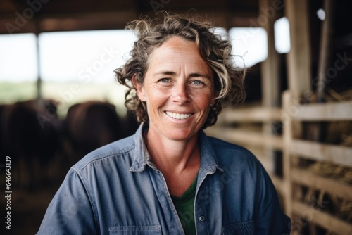 Smiling portrait of a happy female middle aged farmer in a stable or barn on a farm