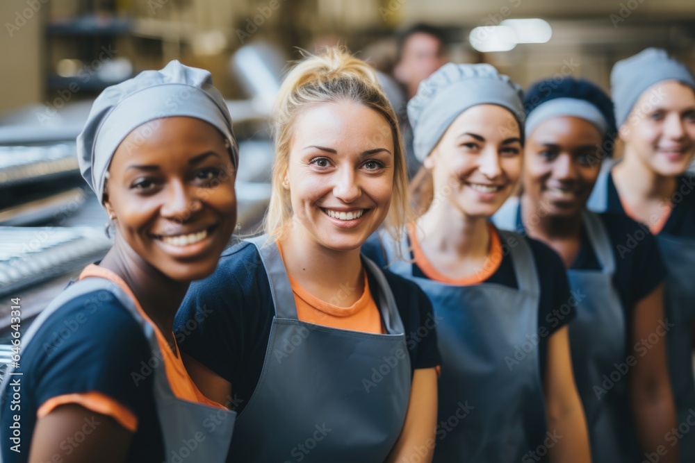 Smiling portrait of a happy diverse group of female coworkers or colleagues working together in a factory