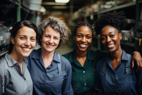 Smiling portrait of a happy diverse group of female coworkers or colleagues working together in a factory © Geber86