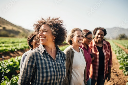 Smiling portrait of a happy group of middle aged female farmers on a farm field
