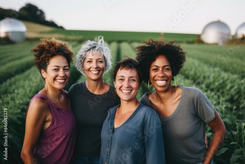 Smiling portrait of a happy group of middle aged female farmers on a farm field