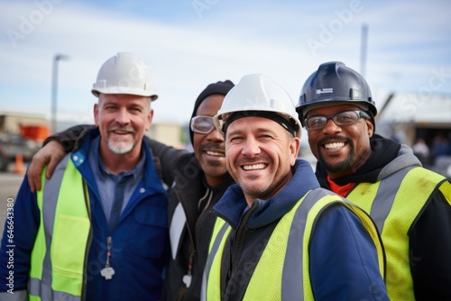 Smiling portrait of a diverse group of happy male construction workers working on a construction site